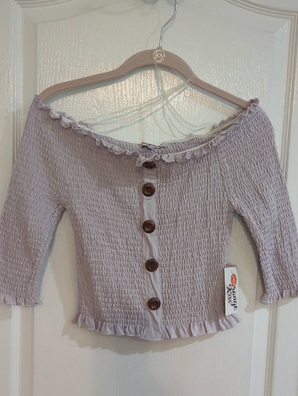 NWT Smocked Off-Shoulder Button-Front Top in Light Lavender Size L